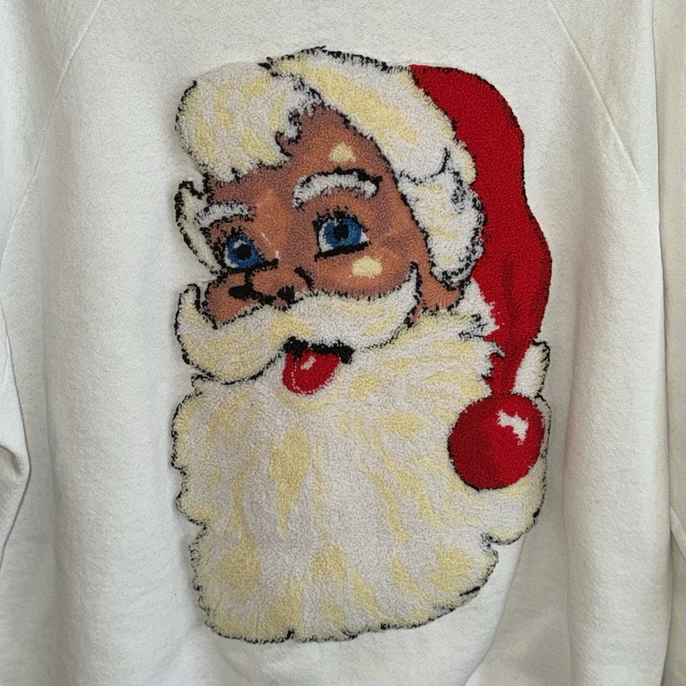 Vintage rare USA made white sweatshirt raised Santa 3D tufted rug graphic XL